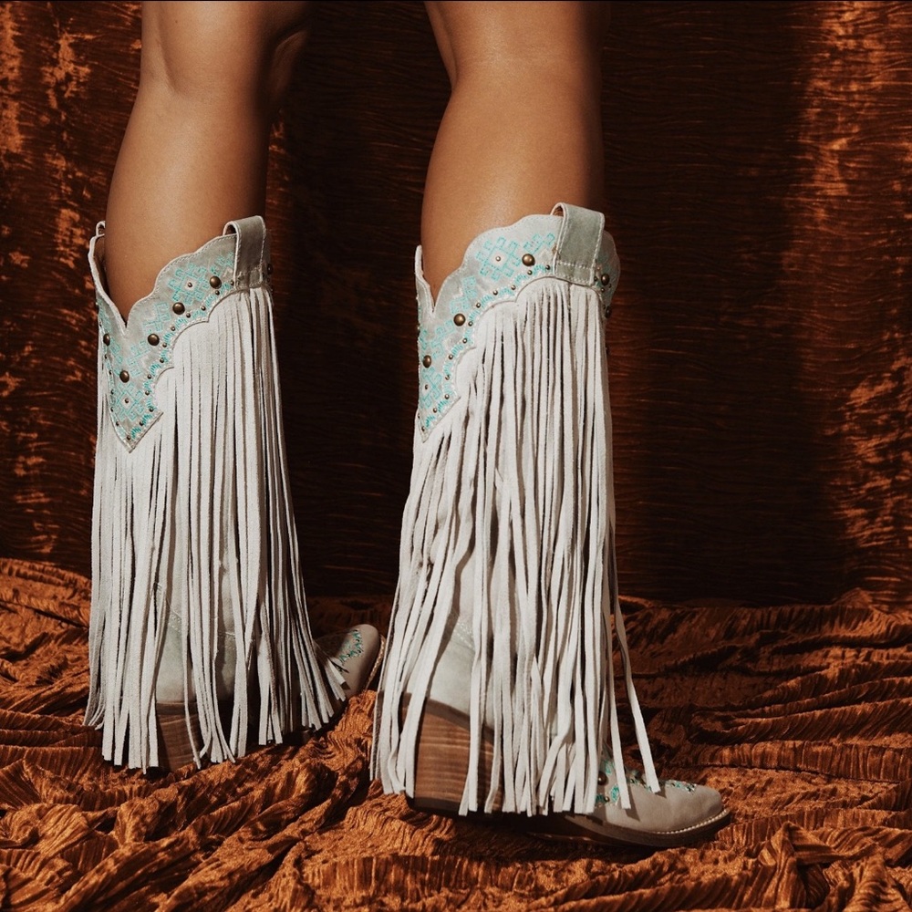 Dingo White and Turquoise Fringe Heeled Boots